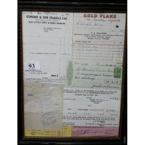 93 - A collage of assorted receipts and a 1959 cheque made payable to Coras Iompair Eireann with a 1... 