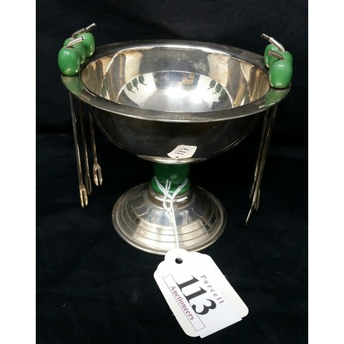 113 - Art Deco silver plated cocktail dish and forks silver plating is good and would polish up really wel... 