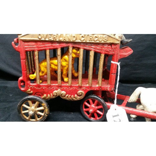 127 - A heavy quality cast iron circus trailer with tiger within- coach driver and circus horse – ov... 