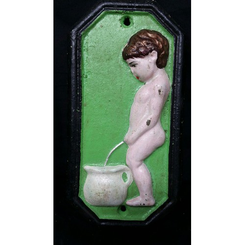 128 - A good pair of heavy cast iron boy and girl bathroom / toilet signs . Both 7 inches tall x... 