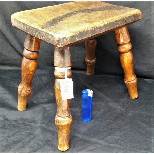 236 - 19th Century 4 legged Ash or Larch milking stool. 9 inches high x 10.5 inches wide. A good used stoo... 