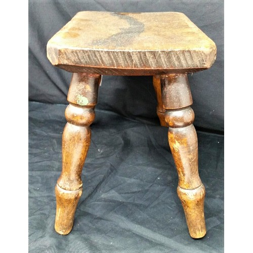 236 - 19th Century 4 legged Ash or Larch milking stool. 9 inches high x 10.5 inches wide. A good used stoo... 