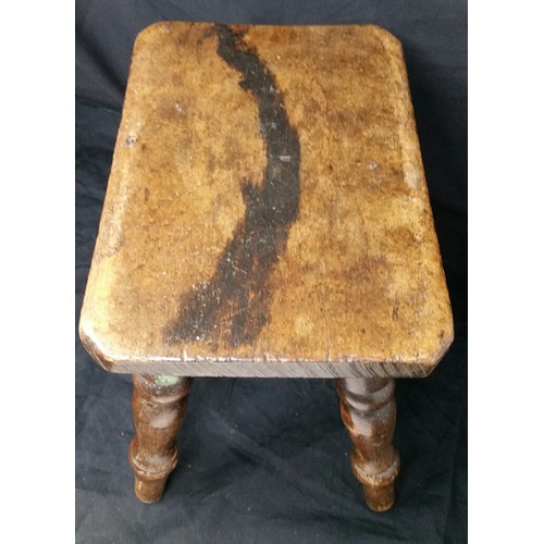 236 - 19th Century 4 legged Ash or Larch milking stool. 9 inches high x 10.5 inches wide. A good used stoo... 