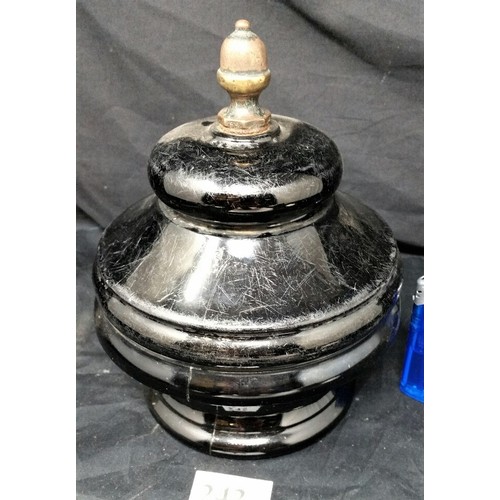 242 - Early 19th Century heavy ceramic black glass chemist or Tobacconists jar with bronze acorn finial. O... 
