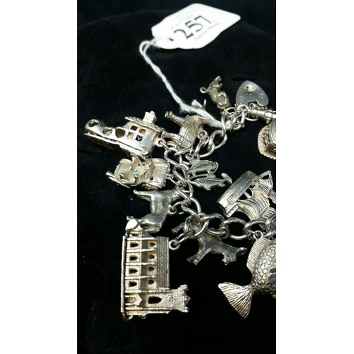 257 - A silver charm bracelet with 19 charms – the bracelet is silver. Some charms are stamped silve... 