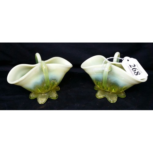 268 - A lovely pair of early 20th Century Vaseline pressed glass baskets with pale green tinting. Each 4.7... 