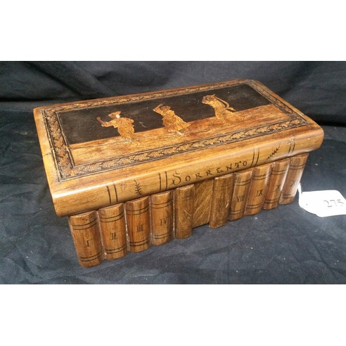 275 - A 19th Century Sorrento olive wood box of bookend form. Marquetry dancers. Size 9 inches wide x 3.25... 