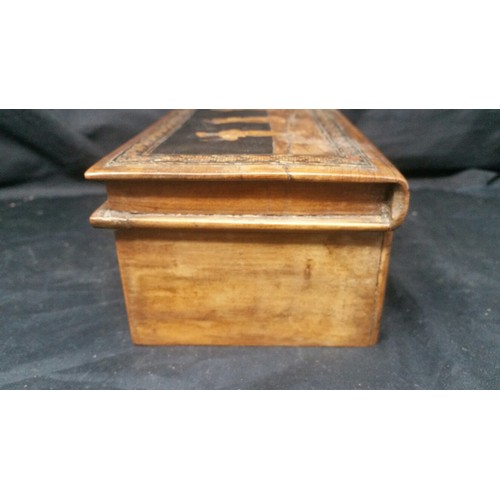 275 - A 19th Century Sorrento olive wood box of bookend form. Marquetry dancers. Size 9 inches wide x 3.25... 