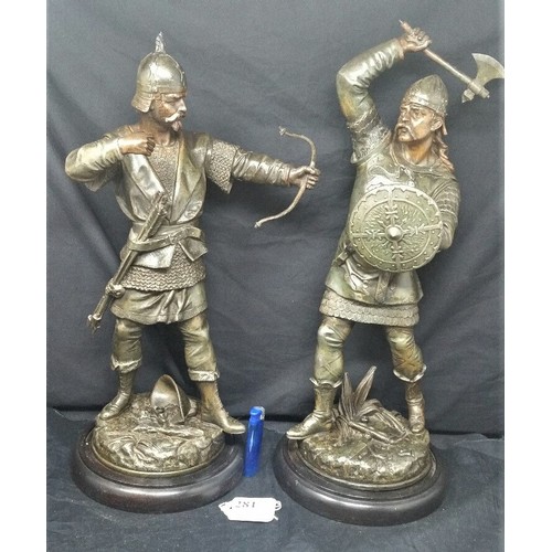 281 - A good pair of late 19th Century bronze & Verdigris metal figures in the form of Vikings or Nors... 