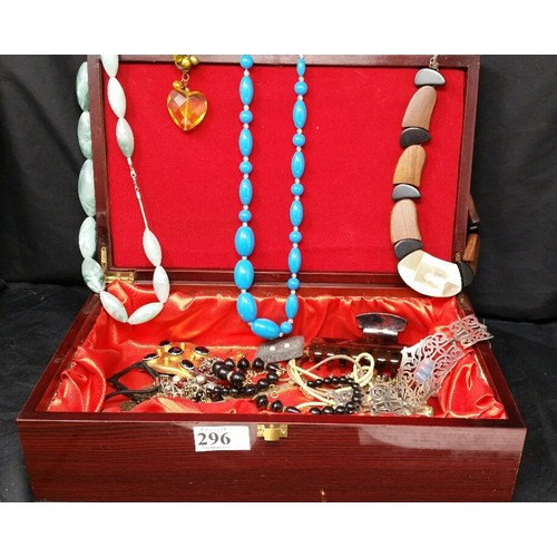 296 - A modern jewellery box and contents including necklaces sliver plated bracelet and costume jewellery... 