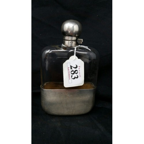 283 - Late 19th Century glass hip flask heavy quality with silver plated cup base and silver plated top by... 