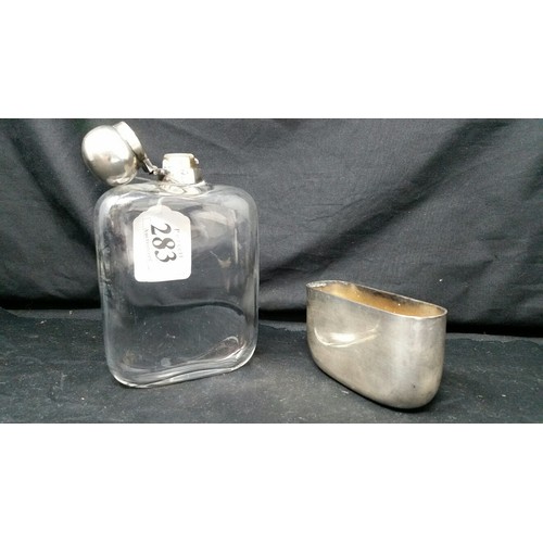 283 - Late 19th Century glass hip flask heavy quality with silver plated cup base and silver plated top by... 