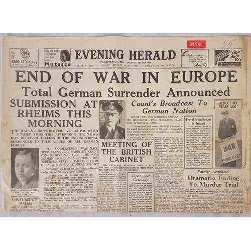 77 - World War II:  Historic newspaper, Evening Herald, Dublin, May 7, 1945, banner headline announc... 