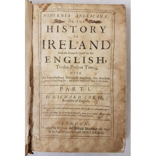 282 - Cox, A History of Ireland, London 1689. Attractive 18th century calf, the joints are cracked, armori... 