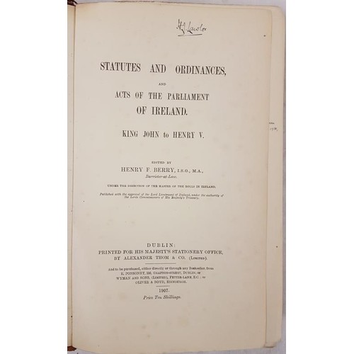 287 - Henry F. Beary. Statutes & Ordinances & Acts of the Parliament of Ireland. 1907. Quarter roa... 