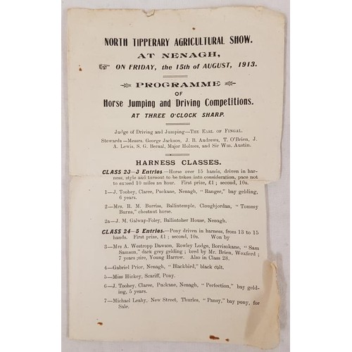 442 - North Tipperary: Agricultural Show 1913 at Nenagh August, 8vo Catalogue, card covers with four page ... 