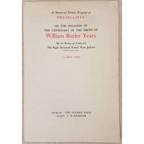 588 - Yeats, W B. A Memorial Sermon Preached at Drumcliffe on the occasion of the Centenary of the Birth o... 