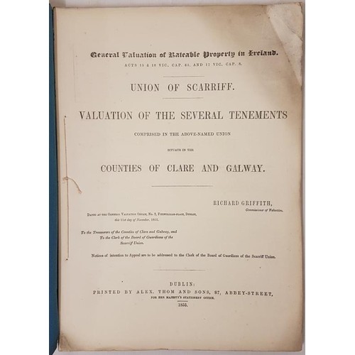 67 - Richard Griffith. Griffith’s Valuation – Co. Clare/Galway- Union of Scarriff. 1855. Blue printed wra... 