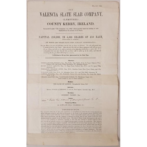 90 - Four page printed Prospectus re sale of shares in the Valencia Slate Slab Co., Ltd., Co. Kerry, date... 