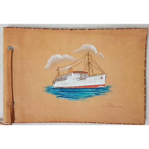 514 - S. S. Strathaird. Souvenir Brochure with hand painted image of the ocean liner on tan calf. P&O ... 