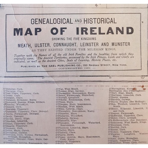 626 - GENEALOGICAL MAP. Genealogical and History Map of Ireland showing the Five Kingdoms Meath, Ulster, C... 