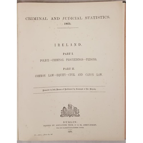 120 - Criminal & Judicial Statistics - 1869 Ireland. Published by Thom, Dublin 1870. Folio. Cloth. Gil... 