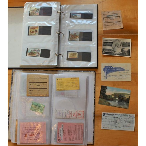 26 - Two Albums of Old Postcards, Banknotes, Comic Cards, Irish Railway Tickets & Cards and unused st... 