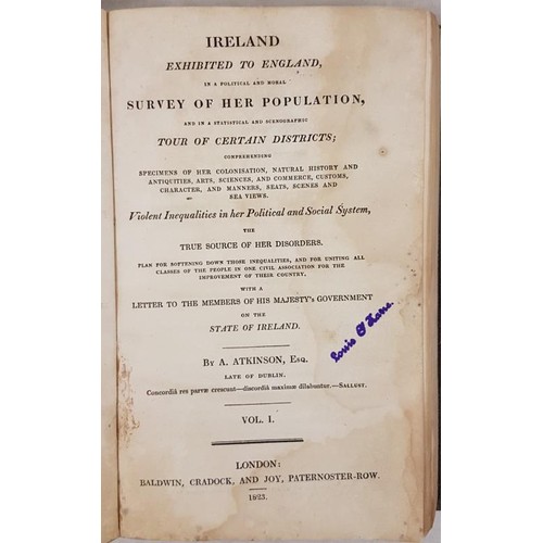 39 - A. Atkinson. Ireland Exhibited to England in a Survey of Her Population. Vol 1. 1823. Original calf.... 