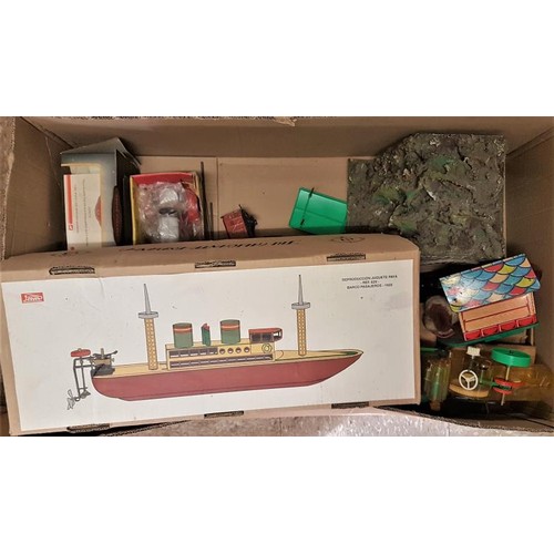 120 - Payá Tin Plate Model Boat in original box - Ref 629 and a Box of Various Children's Toys