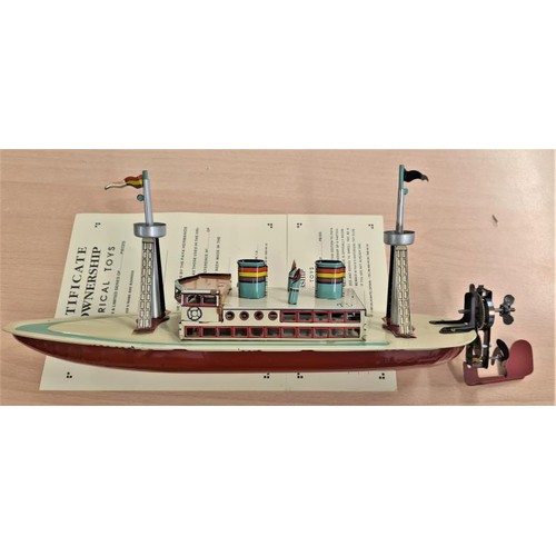 120 - Payá Tin Plate Model Boat in original box - Ref 629 and a Box of Various Children's Toys