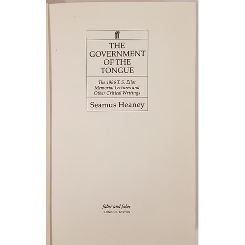 78 - Seamus Heaney. The Government of The Tongue. 1988. Attractive D.j. with fine book plates