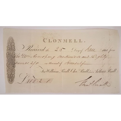 584 - Clonmell bank receipt from Riall private bank Jan 1811 for £180 /2/8 with Riall’s signat... 