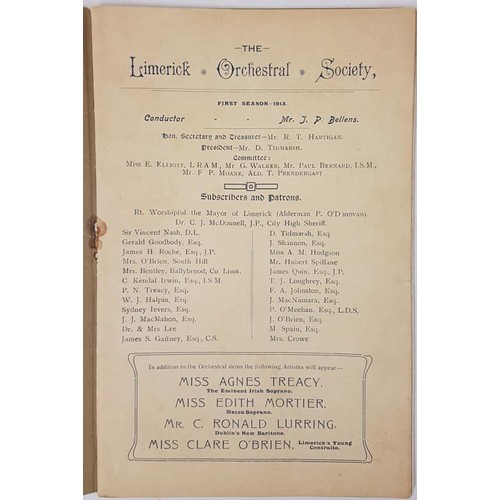 604 - Rare Limerick Musical Concert. The Limerick Orchestral Society, conductor Mr. J. P. Bellens. First S... 