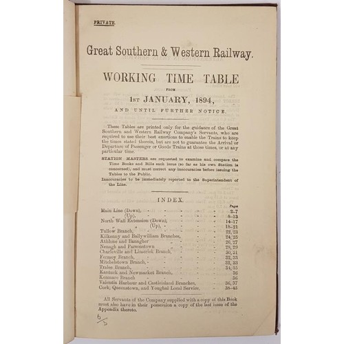 623 - Private. Great Southern & Western Railway. Working Time Table. January 1894-September 1894. Larg... 