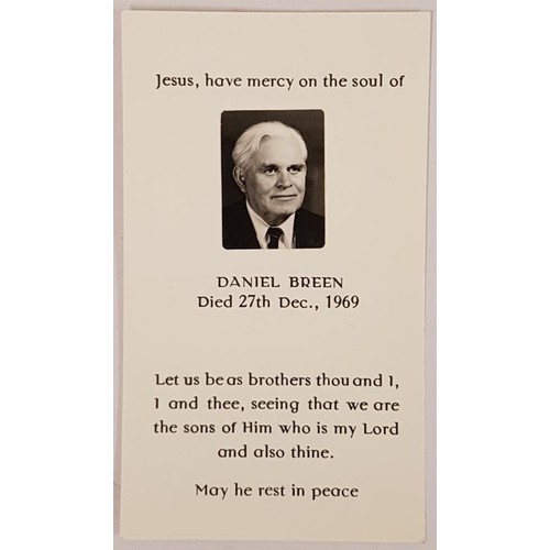 190 - An Original Memorial Card for Daniel Breen, died 27th December 1969 with original photographic mount... 