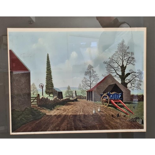 3 - TH 1952 Print of Red Brick Buildings, a Horse Drawn Cart, Geese and Hens, overall c.32 x 26in. Signe... 