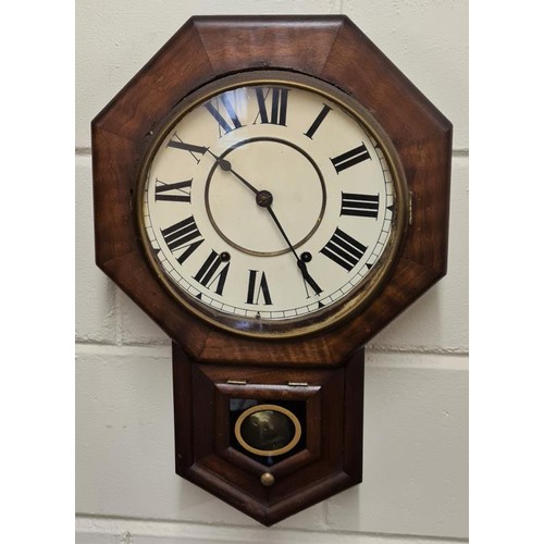 5 - Mahogany Case Drop Dial Wall Clock with key and pendulum 21 inches tall