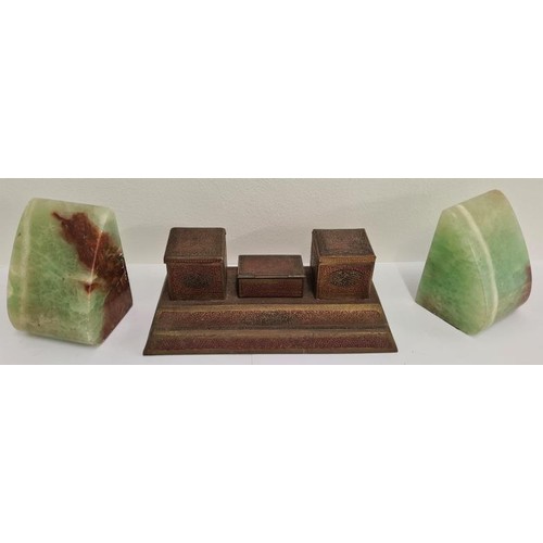 37 - Pair of Green Marble Book Ends and a Decorative Tin Desk Tidy