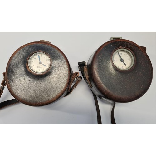 46 - Two Vintage Nightwatchman's Clocks with keys. Both in leather cases with straps and in very good con... 