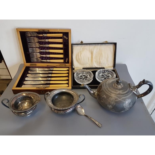 66 - Silver Plated Tea Pot with Shamrocks, Fish Knives and Fork Set etc.