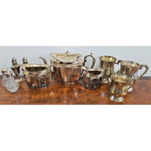 69 - Good Heavy EPNS 3-Piece Tea Set, along with 3 goblets and 2 pairs of condiments