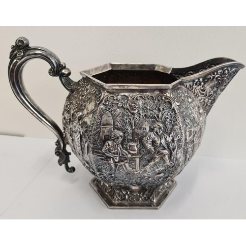 70 - American Plated and Highly Embossed Water Jug with rural and tavern scenes, c.7in tall