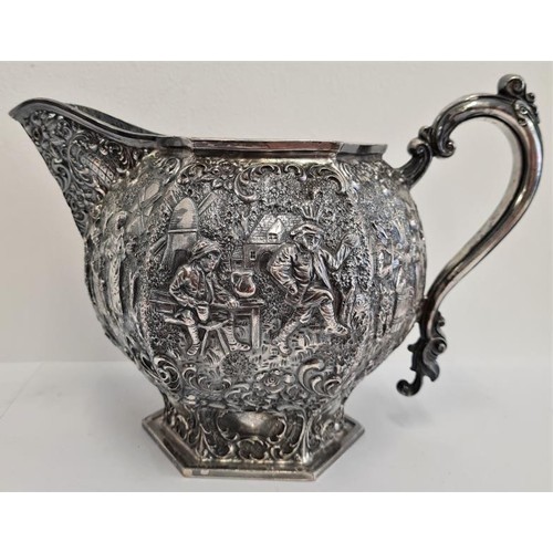 70 - American Plated and Highly Embossed Water Jug with rural and tavern scenes, c.7in tall