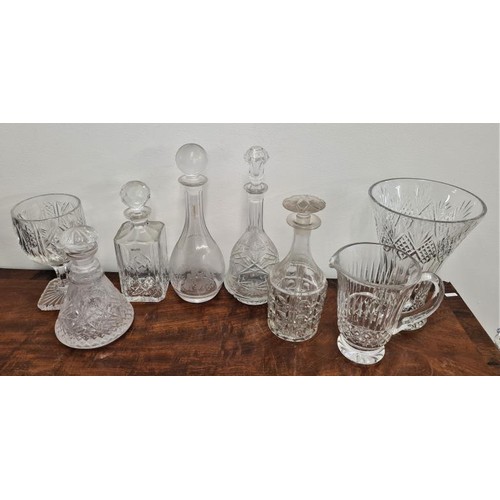 77 - Five Glass Decanters, Tall Vase, Sweet Meat Bowl and a Water Jug (8)