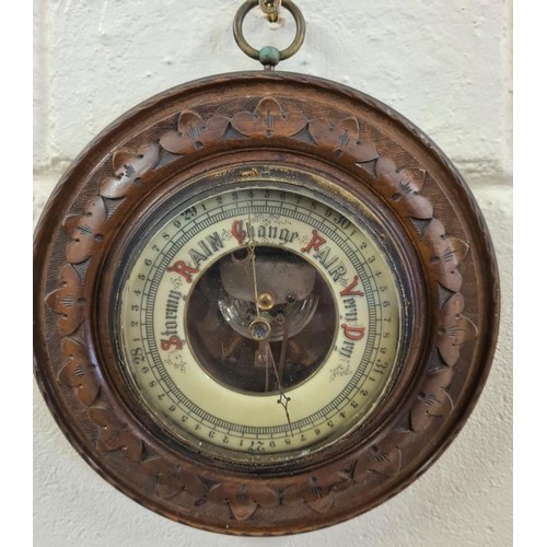 89 - Edwardian Carved Walnut Case Circular Wall Barometer, c.9in diameter