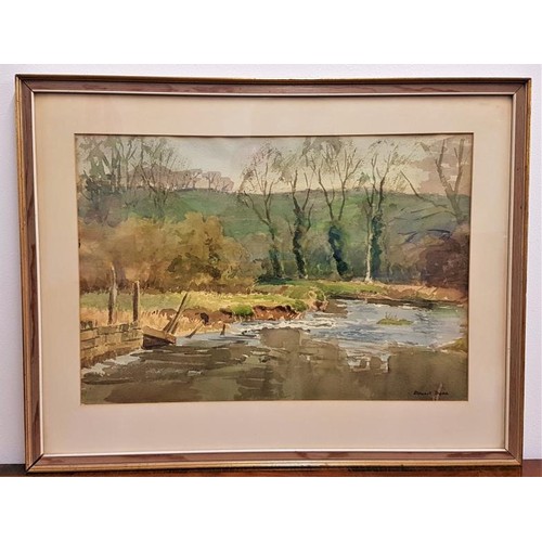 96 - Stewart Dodd. Watercolour. River within a landscape. Frame, 27in x 21in