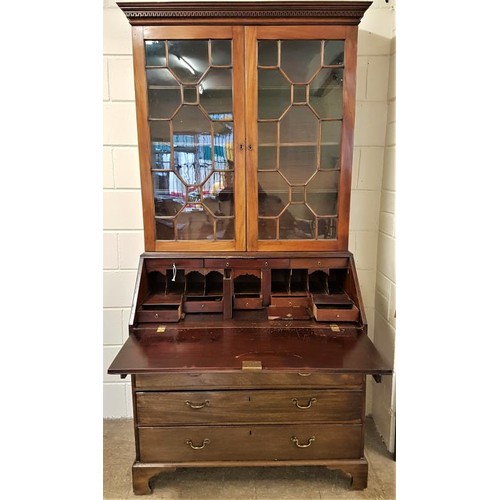 99 - Georgian Mahogany Bureau Bookcase, the dentil moulded top over a pair of astragal glazed doors above... 