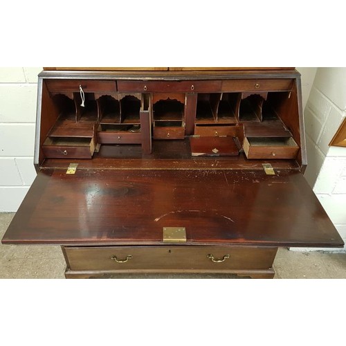 99 - Georgian Mahogany Bureau Bookcase, the dentil moulded top over a pair of astragal glazed doors above... 