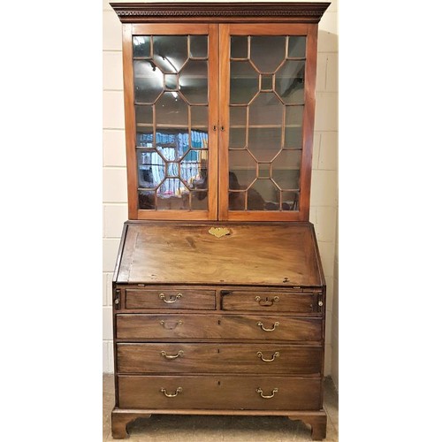 99 - Georgian Mahogany Bureau Bookcase, the dentil moulded top over a pair of astragal glazed doors above... 