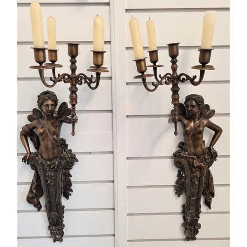 119 - Pair of Highly Decorative Cast Bronze Winged Lady Figure 4 Branch Wall Sconces c.25in